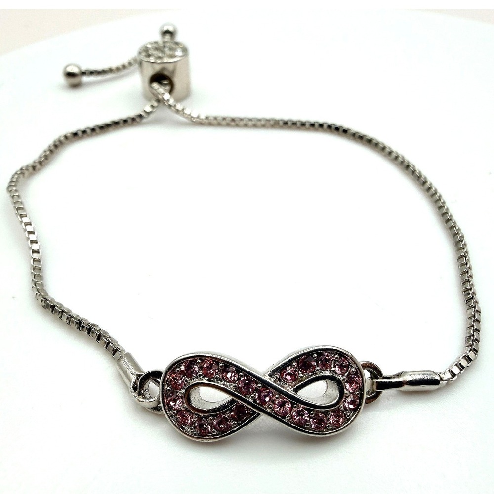 Vintage Y2K Silver Tone Rhinestone Infinity Symbol Bolo Bracelet Women's Jewelry